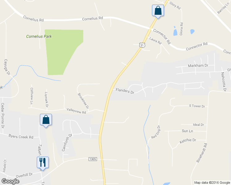 map of restaurants, bars, coffee shops, grocery stores, and more near 110 Flanders Drive in Mooresville