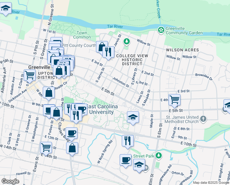 map of restaurants, bars, coffee shops, grocery stores, and more near East 5th Street in Greenville