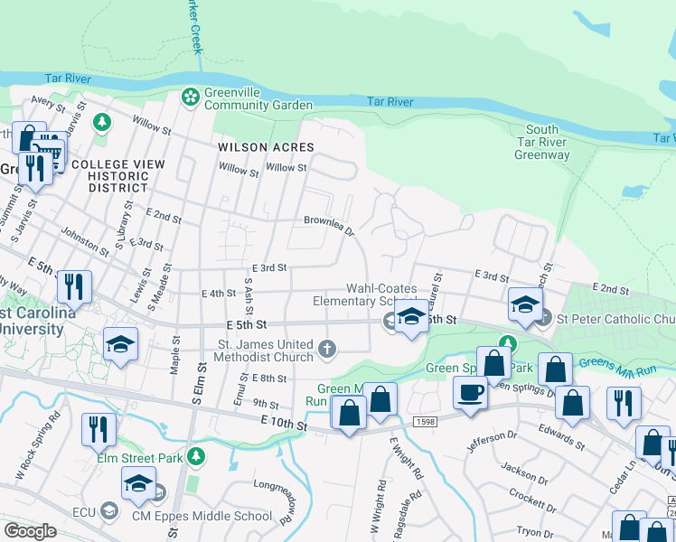 map of restaurants, bars, coffee shops, grocery stores, and more near 2105 East 4th Street in Greenville