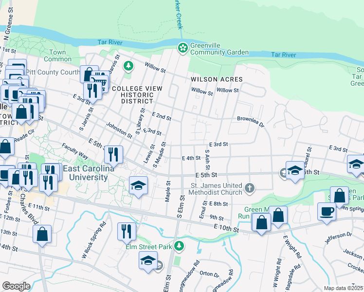 map of restaurants, bars, coffee shops, grocery stores, and more near 1702 East 3rd Street in Greenville