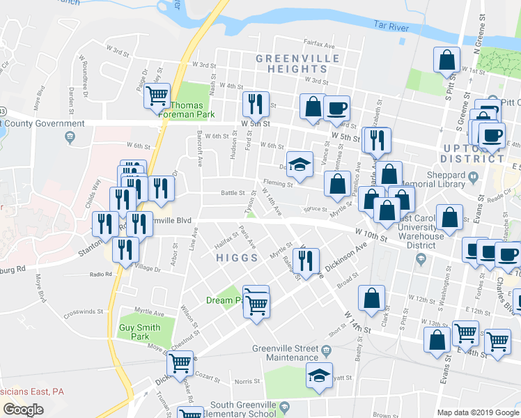map of restaurants, bars, coffee shops, grocery stores, and more near 1415 West 14th Avenue in Greenville