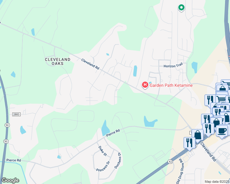 map of restaurants, bars, coffee shops, grocery stores, and more near 120 Polaris Avenue in Garner