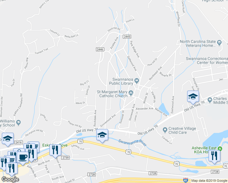 map of restaurants, bars, coffee shops, grocery stores, and more near 99999 Hawthorne Avenue in Swannanoa
