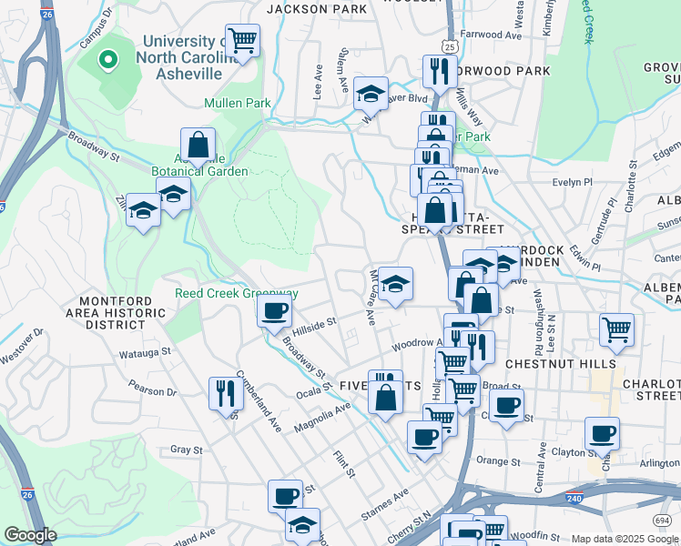 map of restaurants, bars, coffee shops, grocery stores, and more near 40 Marlowe Drive in Asheville