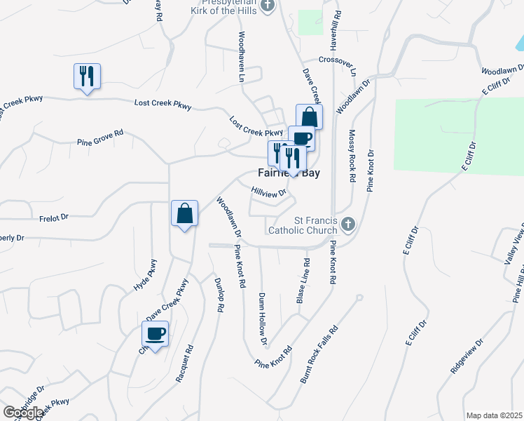 map of restaurants, bars, coffee shops, grocery stores, and more near 135 Hillview Drive in Fairfield Bay