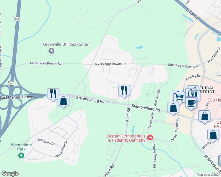 map of restaurants, bars, coffee shops, grocery stores, and more near 2931 Rock Port Drive in Greenville