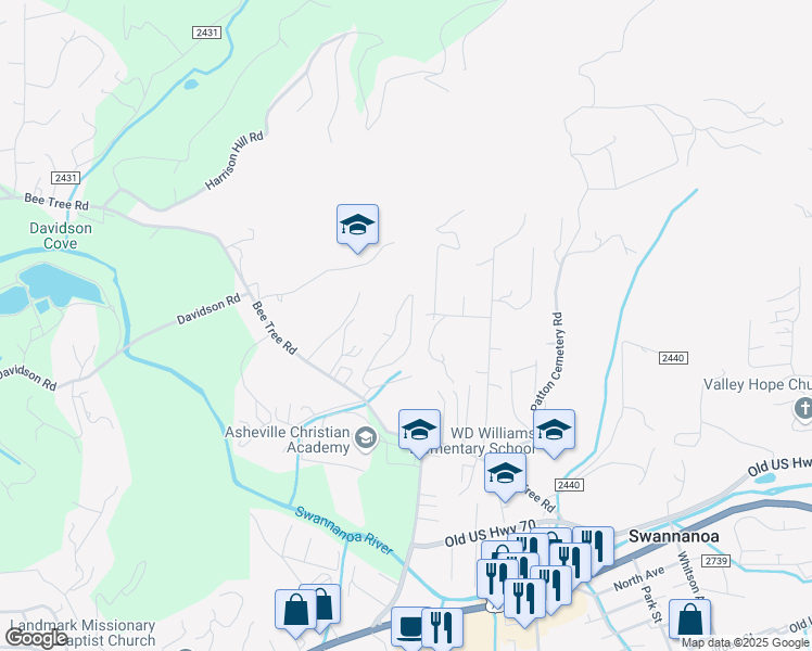 map of restaurants, bars, coffee shops, grocery stores, and more near 89 Woodcreek Circle in Swannanoa