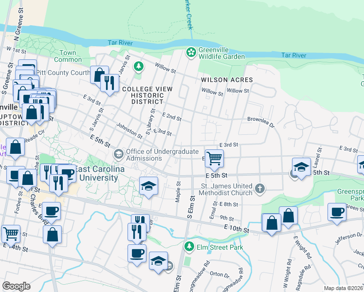 map of restaurants, bars, coffee shops, grocery stores, and more near 302 Maple Street in Greenville
