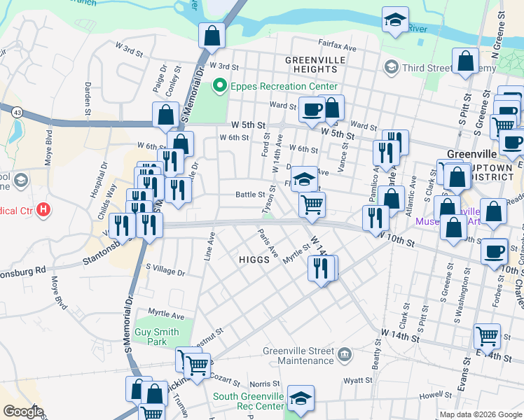 map of restaurants, bars, coffee shops, grocery stores, and more near 1000 Tyson Street in Greenville