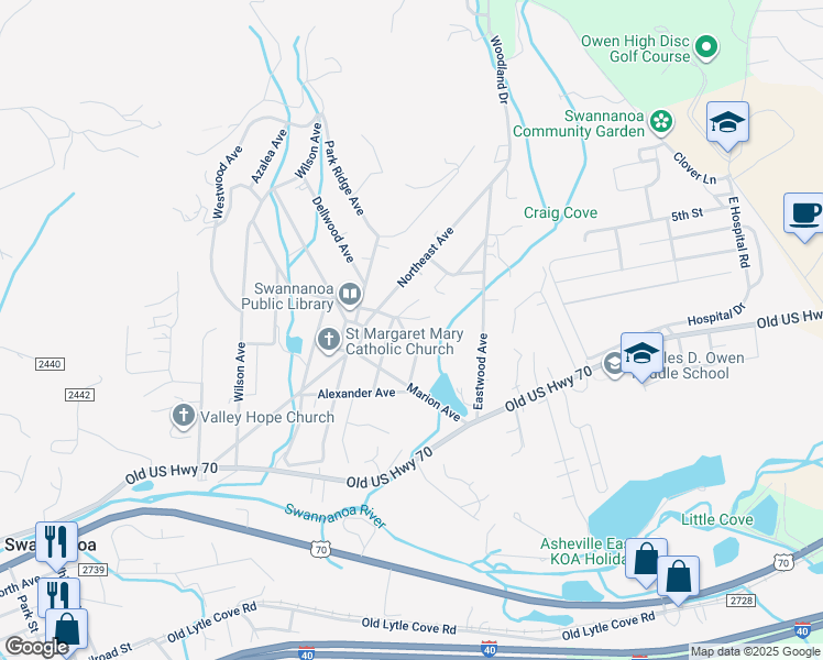 map of restaurants, bars, coffee shops, grocery stores, and more near 230 Varden Place in Swannanoa