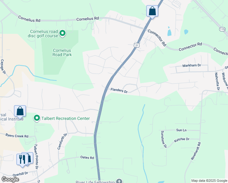 map of restaurants, bars, coffee shops, grocery stores, and more near 118 Flanders Drive in Mooresville