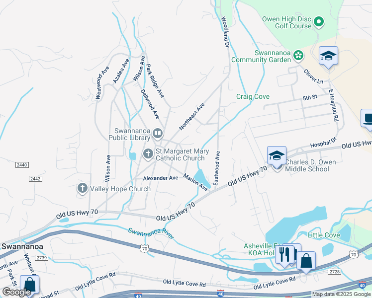 map of restaurants, bars, coffee shops, grocery stores, and more near 230 Varden Place in Swannanoa