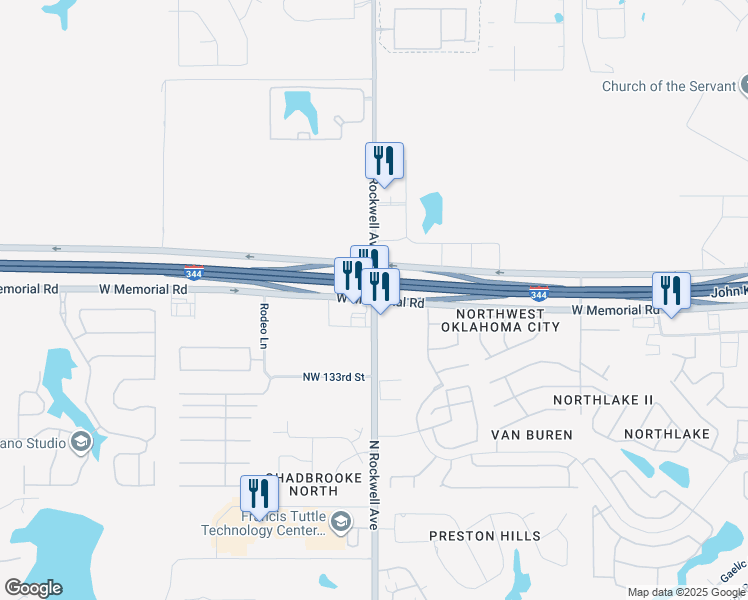 map of restaurants, bars, coffee shops, grocery stores, and more near 7099 West Memorial Road in Oklahoma City