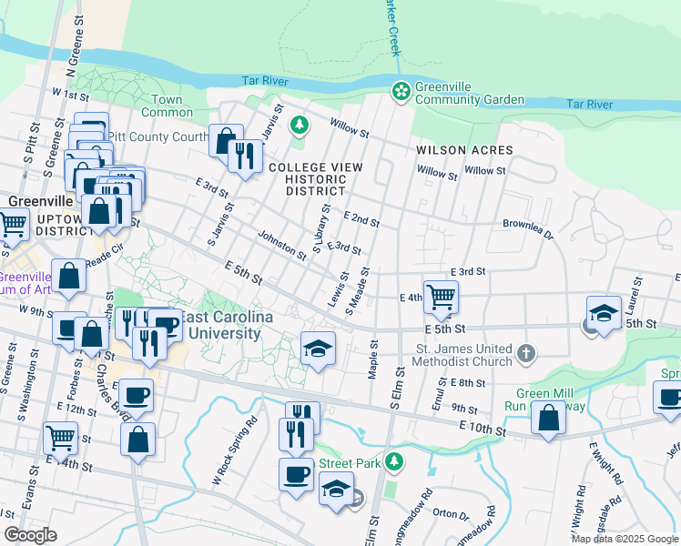 map of restaurants, bars, coffee shops, grocery stores, and more near 1305 East 4th Street in Greenville