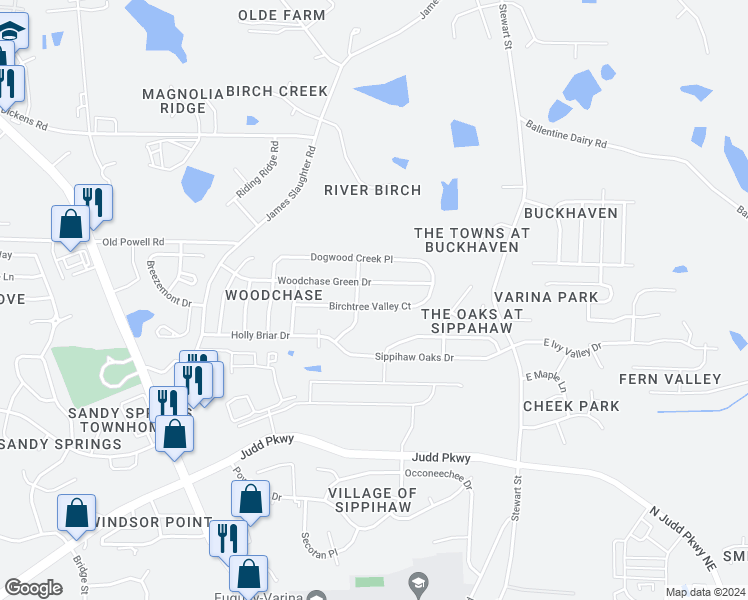 map of restaurants, bars, coffee shops, grocery stores, and more near 509 Birchtree Valley Court in Fuquay Varina