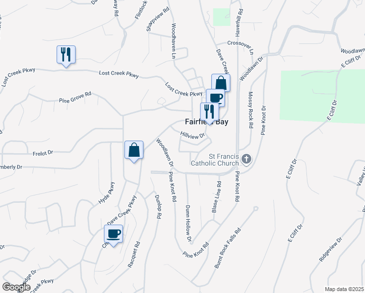 map of restaurants, bars, coffee shops, grocery stores, and more near 135 Hillview Drive in Fairfield Bay