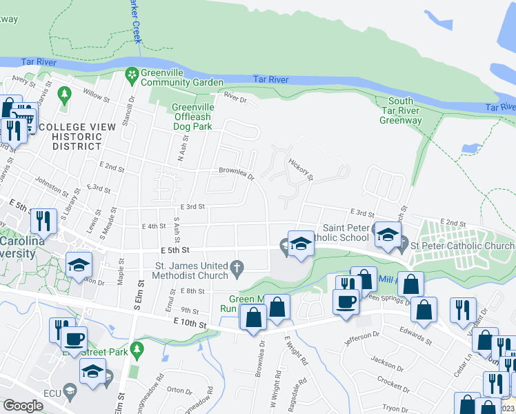 map of restaurants, bars, coffee shops, grocery stores, and more near 334 Brownlea Drive in Greenville