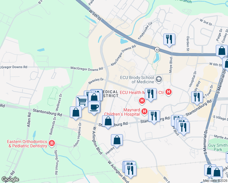 map of restaurants, bars, coffee shops, grocery stores, and more near 200 Beasley Drive in Greenville