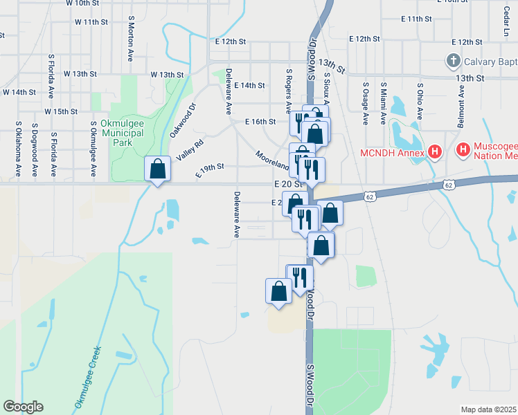 map of restaurants, bars, coffee shops, grocery stores, and more near 505 East 22nd Street in Okmulgee