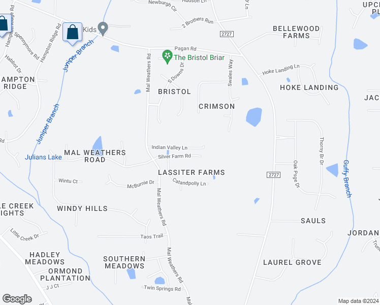 map of restaurants, bars, coffee shops, grocery stores, and more near 1417 Silver Farm Road in Raleigh