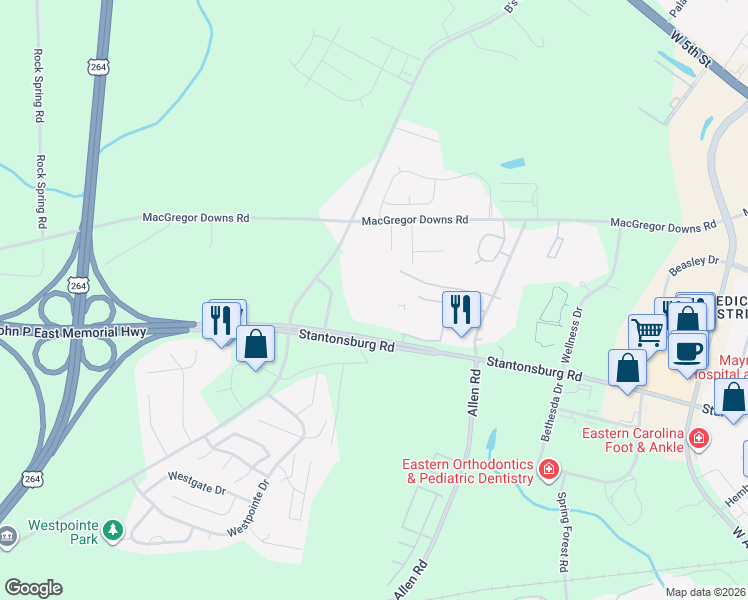 map of restaurants, bars, coffee shops, grocery stores, and more near 2770 Stantonsburg Road in Greenville