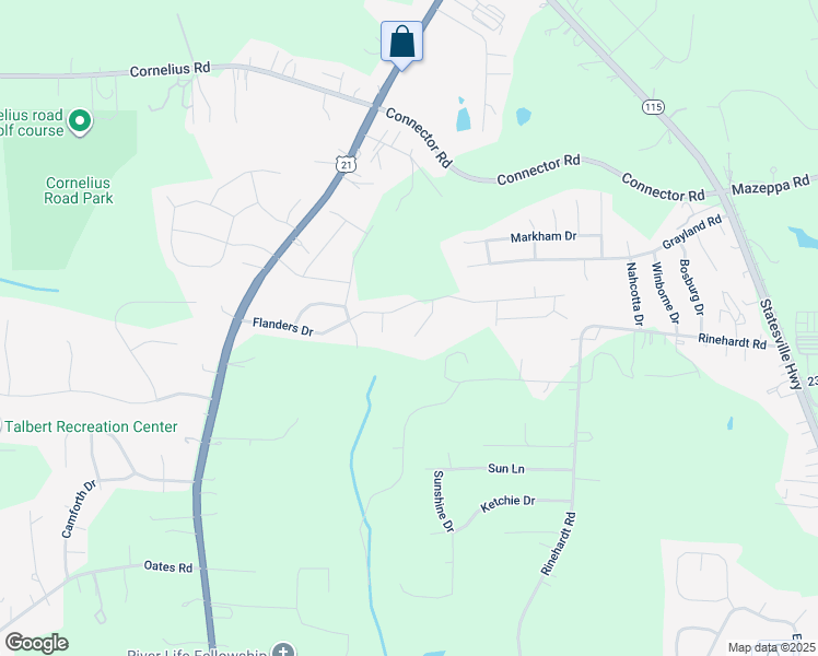 map of restaurants, bars, coffee shops, grocery stores, and more near Thorsen Drive in Mooresville