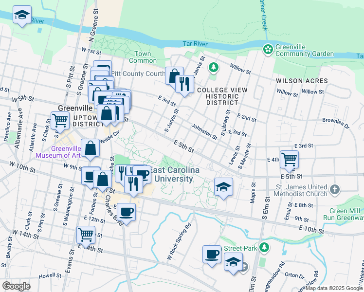 map of restaurants, bars, coffee shops, grocery stores, and more near 900 East 5th Street in Greenville