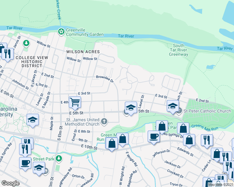 map of restaurants, bars, coffee shops, grocery stores, and more near 330 Brownlea Drive in Greenville