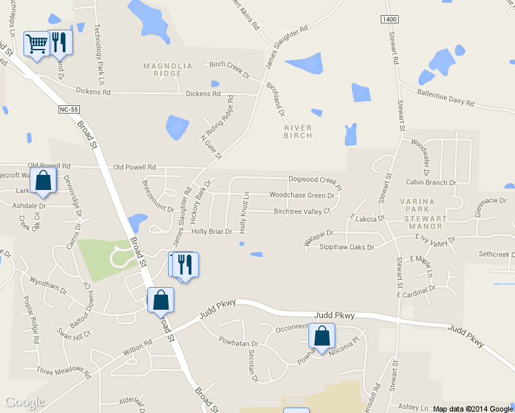 map of restaurants, bars, coffee shops, grocery stores, and more near 409 Birchtree Valley Court in Fuquay Varina