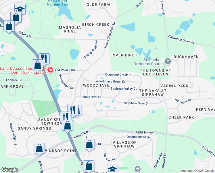 map of restaurants, bars, coffee shops, grocery stores, and more near 409 Birchtree Valley Court in Fuquay Varina