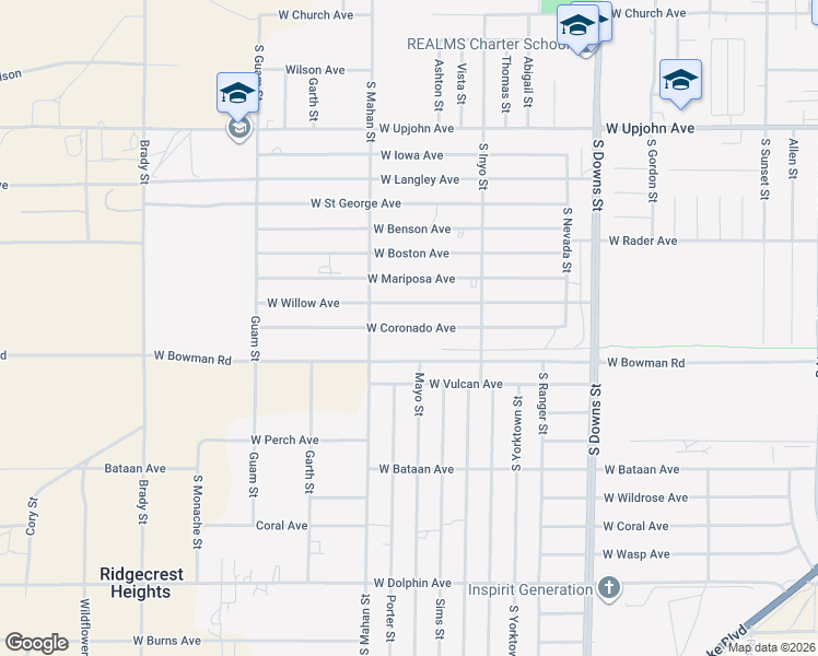 map of restaurants, bars, coffee shops, grocery stores, and more near West Coronado Avenue in Ridgecrest