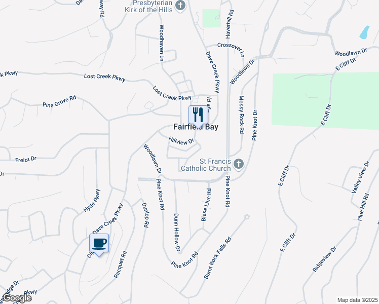 map of restaurants, bars, coffee shops, grocery stores, and more near 135 Hillview Drive in Fairfield Bay