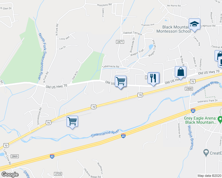 map of restaurants, bars, coffee shops, grocery stores, and more near 12 Woodcock Street in Black Mountain
