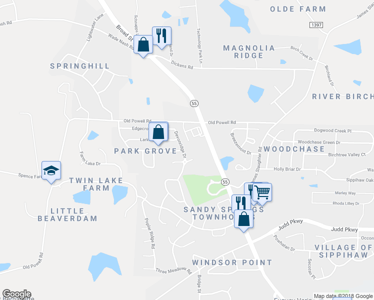 map of restaurants, bars, coffee shops, grocery stores, and more near 1816 Devonridge Drive in Fuquay Varina