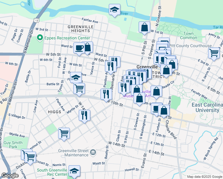 map of restaurants, bars, coffee shops, grocery stores, and more near 800 Albemarle Avenue in Greenville
