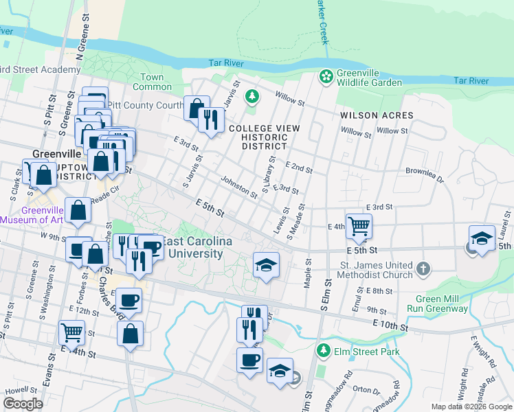 map of restaurants, bars, coffee shops, grocery stores, and more near 403 South Library Street in Greenville