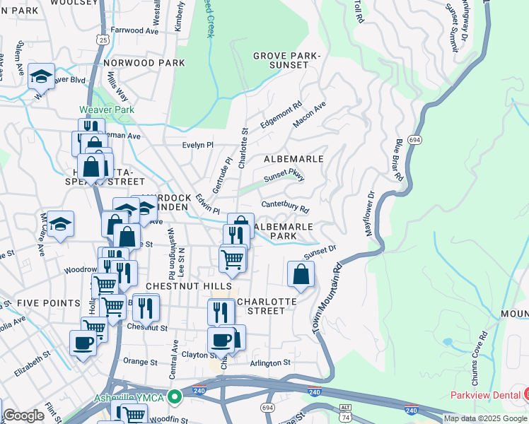 map of restaurants, bars, coffee shops, grocery stores, and more near 7 Cherokee Road in Asheville