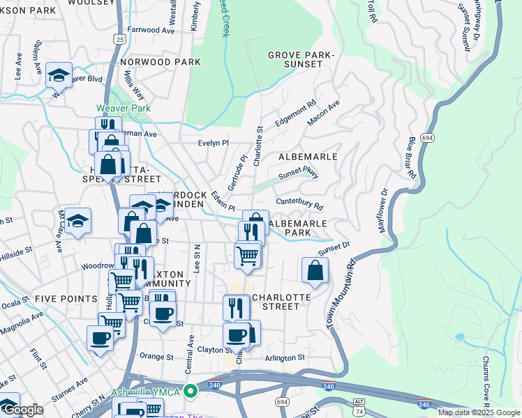 map of restaurants, bars, coffee shops, grocery stores, and more near 265 Charlotte Street in Asheville