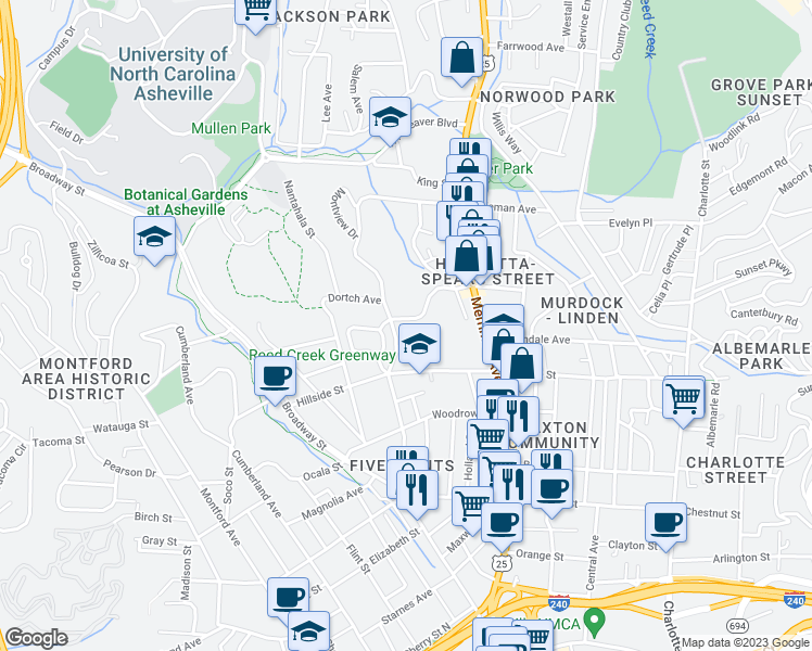 map of restaurants, bars, coffee shops, grocery stores, and more near 144 Mount Clare Avenue in Asheville