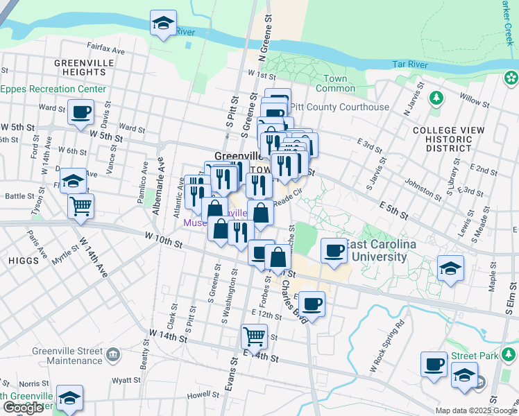 map of restaurants, bars, coffee shops, grocery stores, and more near 100-198 W 8th St in Greenville