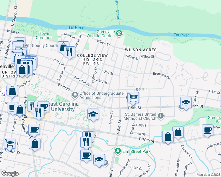 map of restaurants, bars, coffee shops, grocery stores, and more near 302 Maple Street in Greenville