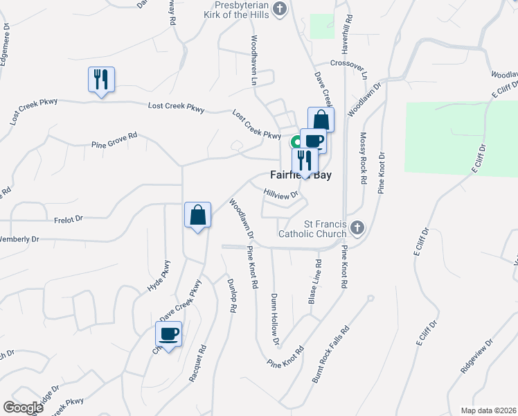 map of restaurants, bars, coffee shops, grocery stores, and more near 135 Hillview Drive in Fairfield Bay
