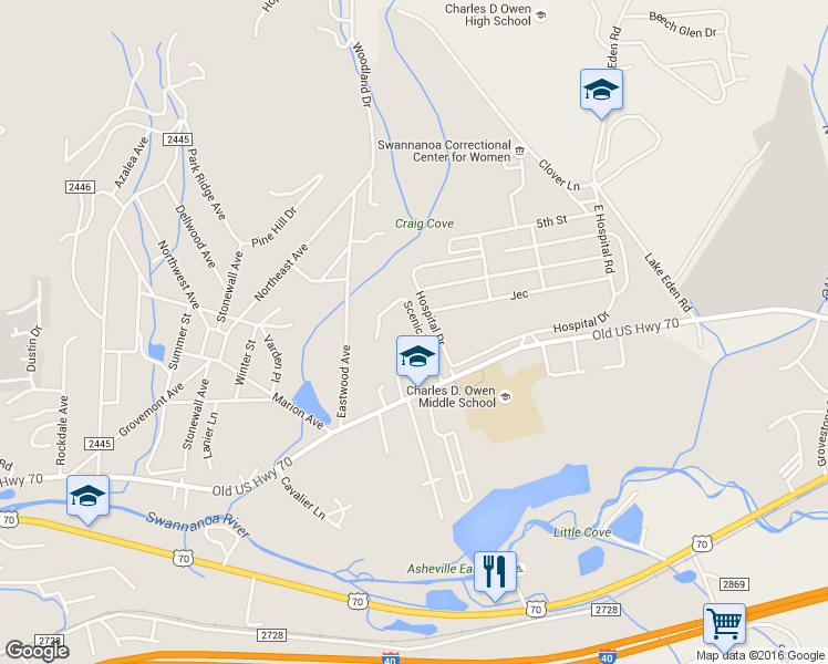 map of restaurants, bars, coffee shops, grocery stores, and more near 115 Scenic View Drive in Swannanoa