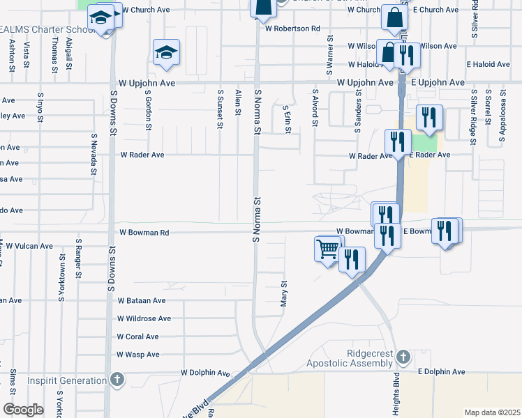 map of restaurants, bars, coffee shops, grocery stores, and more near 852 South Norma Street in Ridgecrest