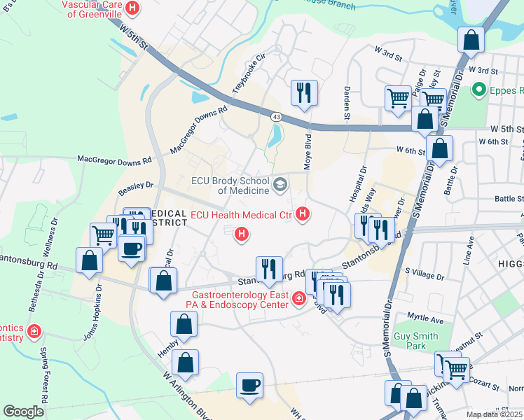 map of restaurants, bars, coffee shops, grocery stores, and more near 600 Moye Boulevard in Greenville