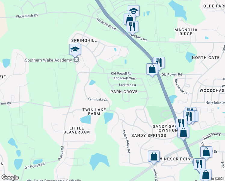map of restaurants, bars, coffee shops, grocery stores, and more near 347 Ashdale Drive in Fuquay Varina