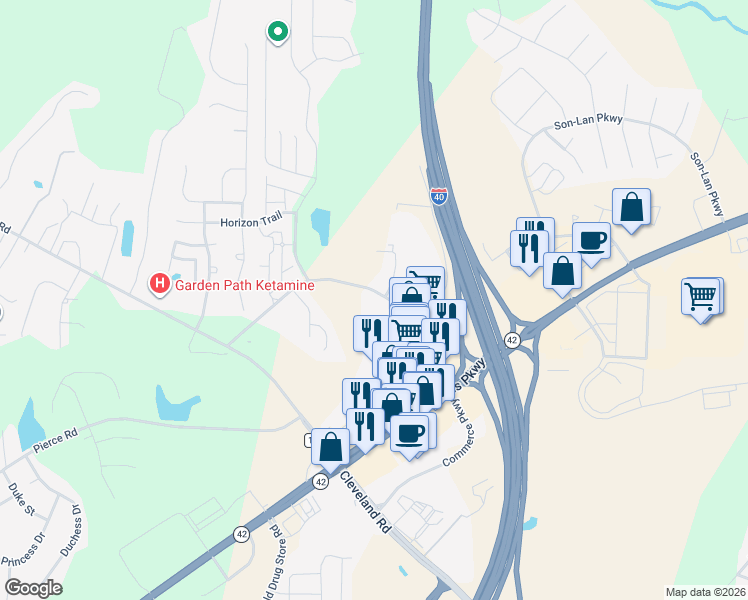 map of restaurants, bars, coffee shops, grocery stores, and more near 299 Glen Road in Garner