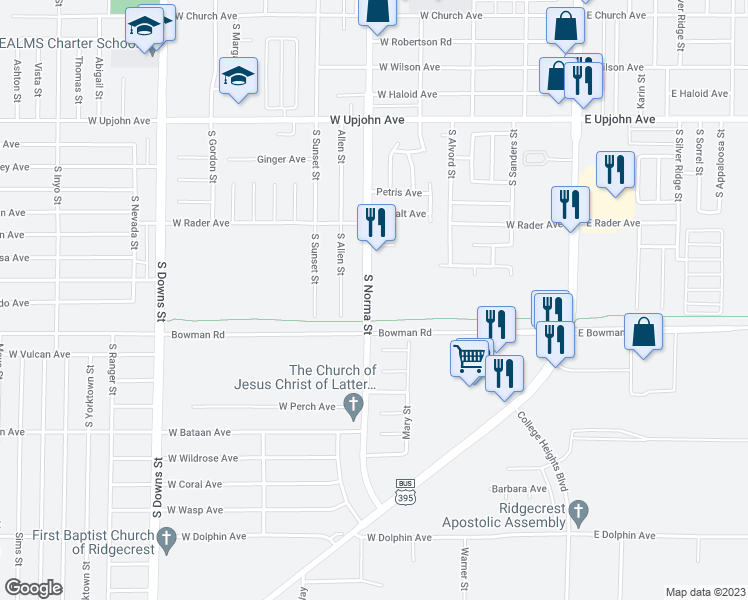 map of restaurants, bars, coffee shops, grocery stores, and more near 848 South Norma Street in Ridgecrest