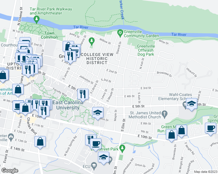 map of restaurants, bars, coffee shops, grocery stores, and more near 307 Lewis Street in Greenville