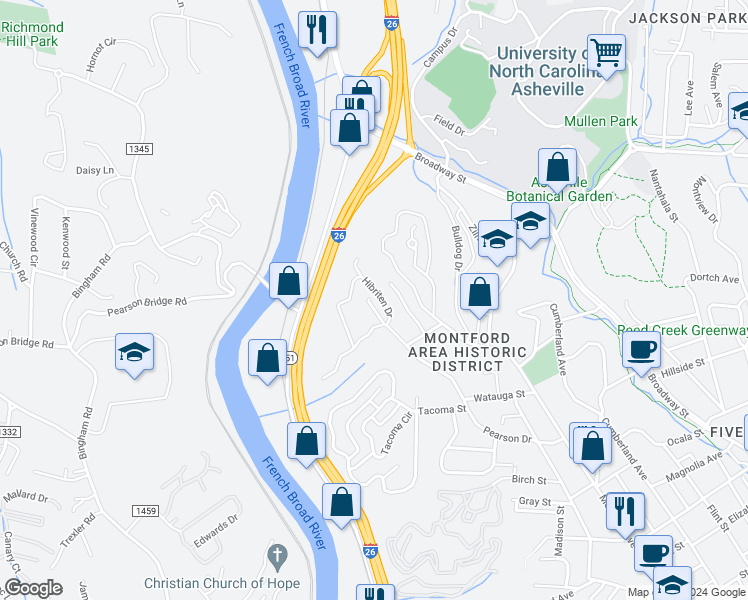 map of restaurants, bars, coffee shops, grocery stores, and more near 35 Hibriten Drive in Asheville
